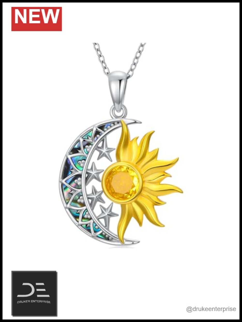 925 Sterling Silver Sun Moon Necklace Abalone Shell Zircon Pendant